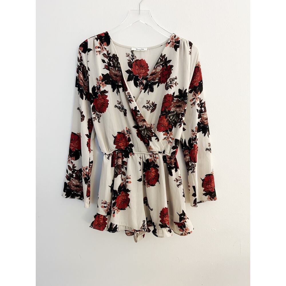 Honey Belle Tan Floral Long Sleeve Surplice Romper Size Small